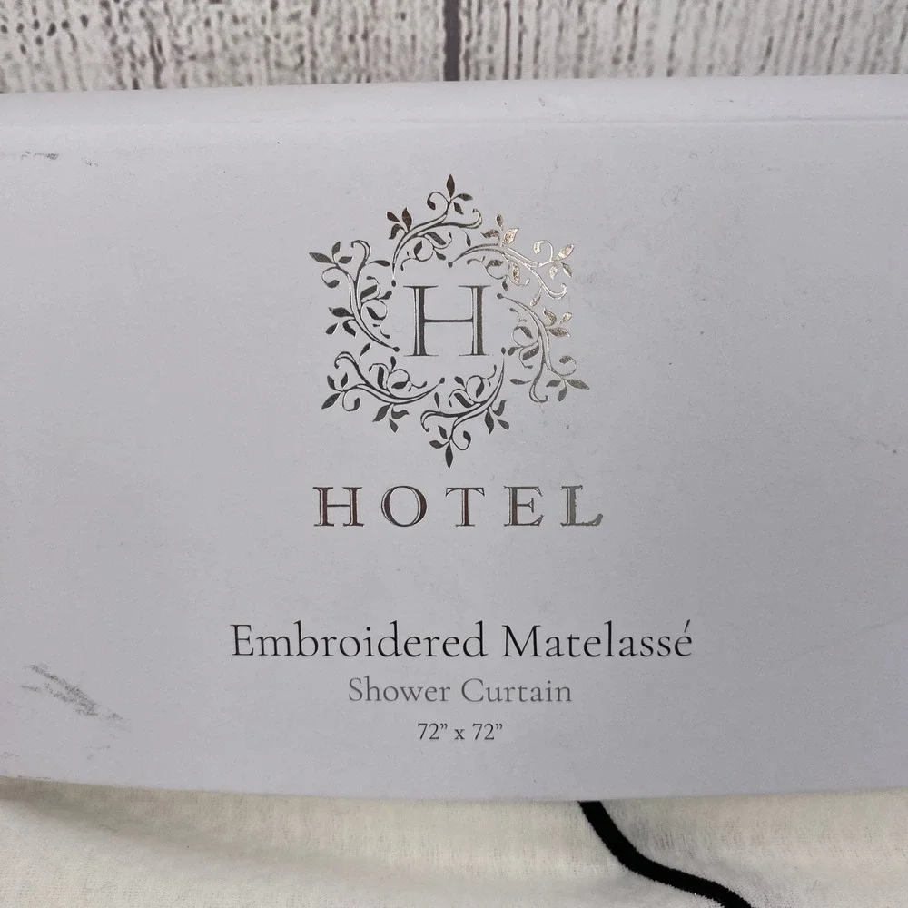 Hotel Shower Curtain White Black Embroidered Matelasse Bow Border Crisp Coquette